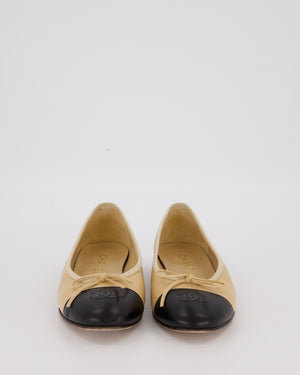 Chanel Beige Lambskin Ballet Flats With Black CC Logo Toecap Size EU 37.5