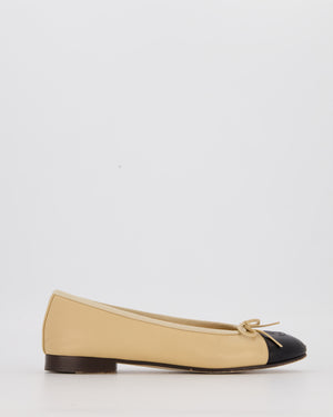 Chanel Beige Lambskin Ballet Flats With Black CC Logo Toecap Size EU 37.5