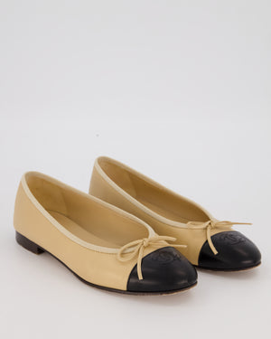 Chanel Beige Lambskin Ballet Flats With Black CC Logo Toecap Size EU 37.5