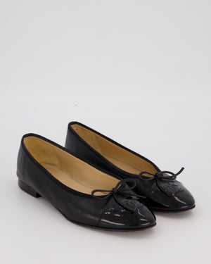 Chanel Black Lambskin Ballet Flats With Patent CC Logo Toecap Size EU 37.5