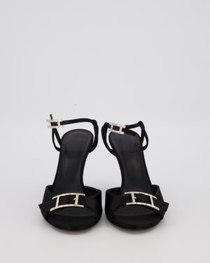 Hermès Liv 70 Heeled Sandals in Black Satin with Crystal Behapi Buckle Detail Size EU 37