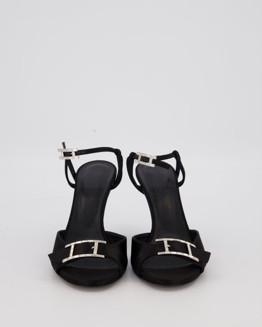 Hermès Liv 70 Heeled Sandals in Black Satin with Crystal Behapi Buckle Detail Size EU 37