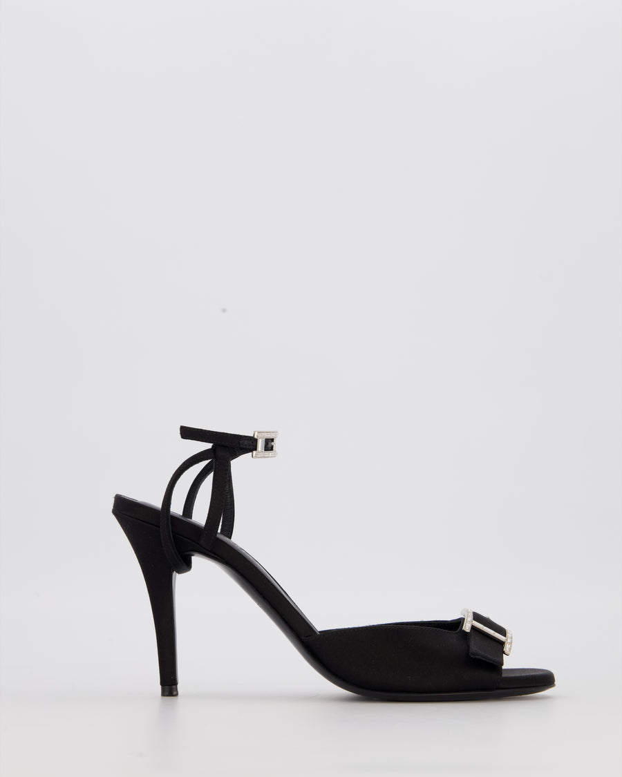 Hermès Liv 70 Heeled Sandals in Black Satin with Crystal Behapi Buckle Detail Size EU 37
