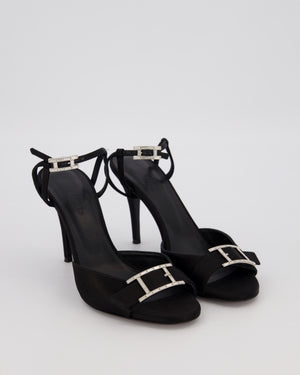 Hermès Liv 70 Heeled Sandals in Black Satin with Crystal Behapi Buckle Detail Size EU 37