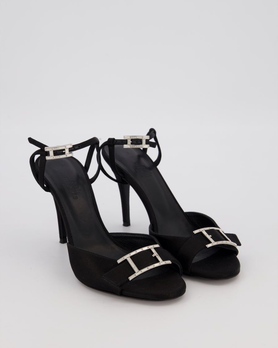 Hermès Liv 70 Heeled Sandals in Black Satin with Crystal Behapi Buckle Detail Size EU 37