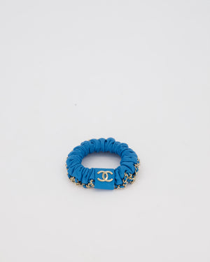 Chanel Blue Leather Hair Scrunchie with Chain Trim Detail