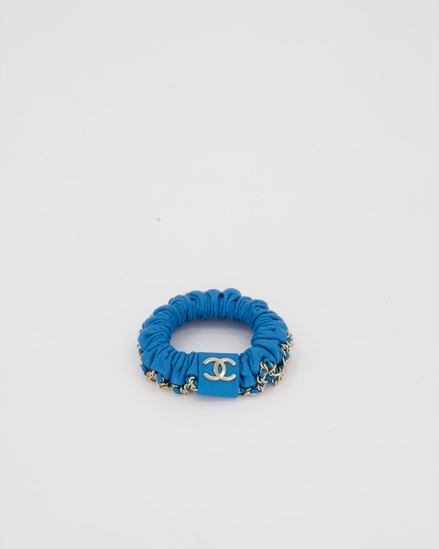 Chanel Blue Leather Hair Scrunchie with Chain Trim Detail