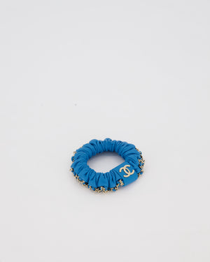 Chanel Blue Leather Hair Scrunchie with Chain Trim Detail