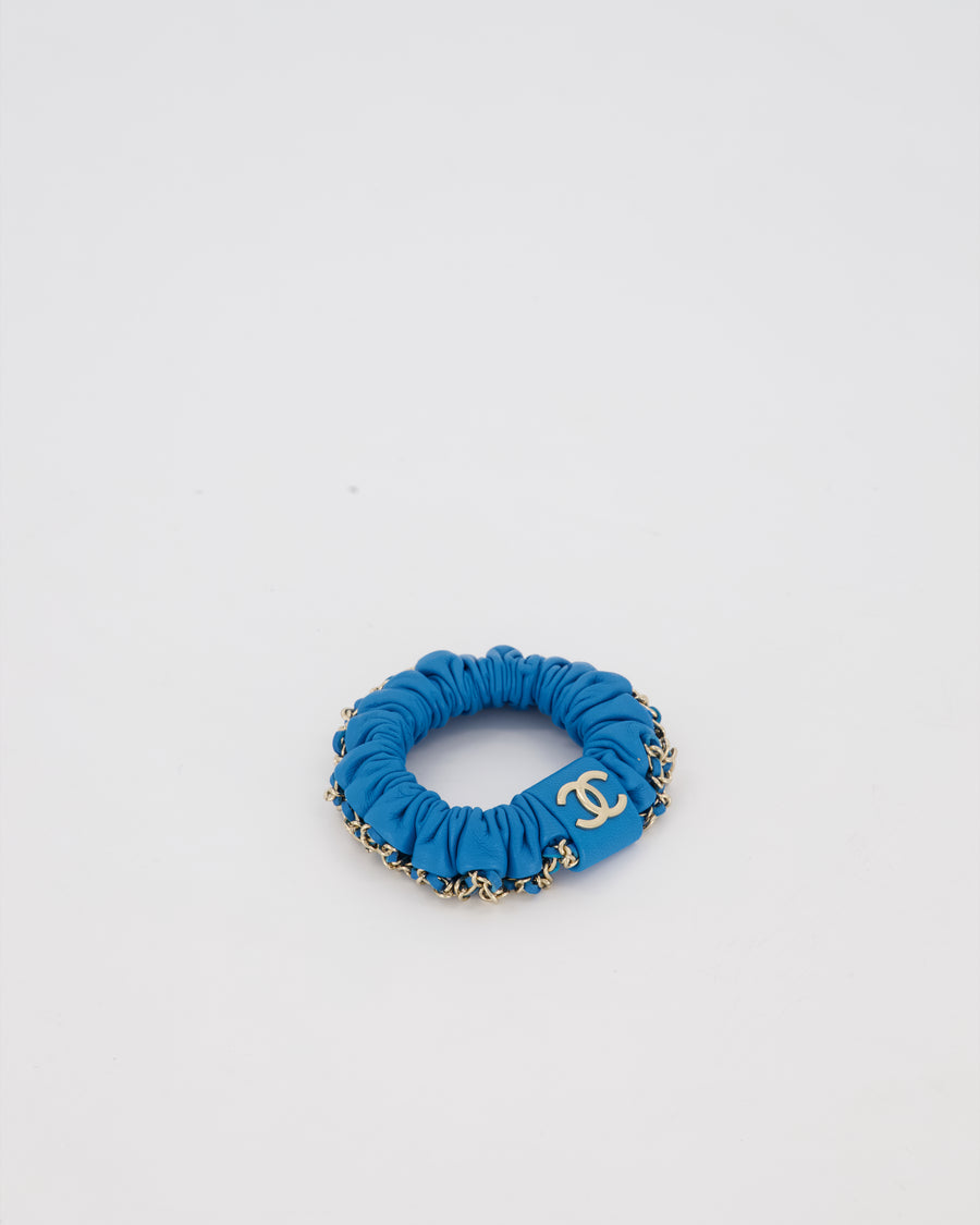 Chanel Blue Leather Hair Scrunchie with Chain Trim Detail