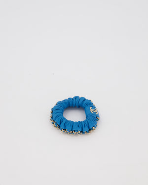 Chanel Blue Leather Hair Scrunchie with Chain Trim Detail