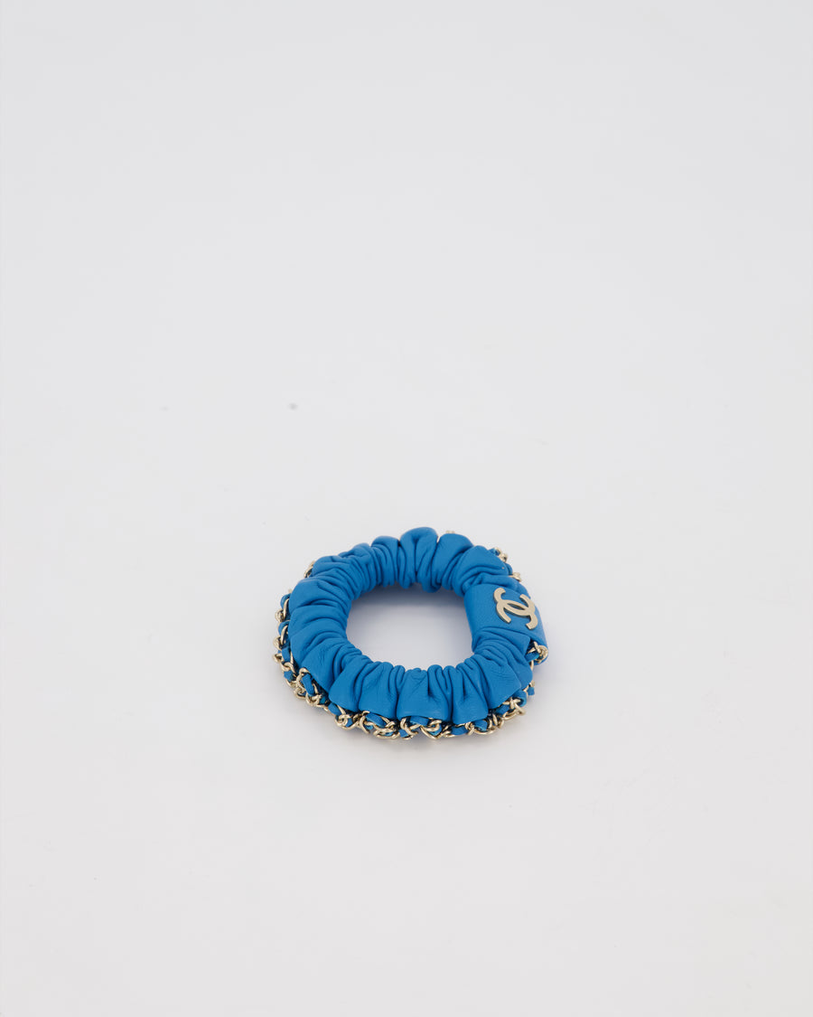 Chanel Blue Leather Hair Scrunchie with Chain Trim Detail
