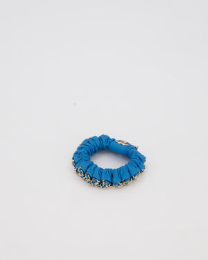 Chanel Blue Leather Hair Scrunchie with Chain Trim Detail