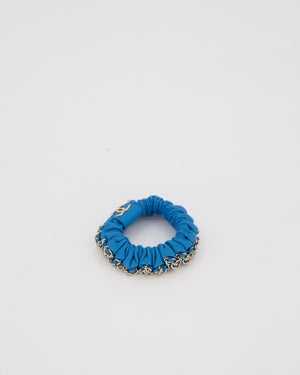 Chanel Blue Leather Hair Scrunchie with Chain Trim Detail