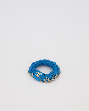 Chanel Blue Leather Hair Scrunchie with Chain Trim Detail