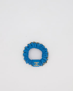 Chanel Blue Leather Hair Scrunchie with Chain Trim Detail