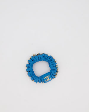 Chanel Blue Leather Hair Scrunchie with Chain Trim Detail