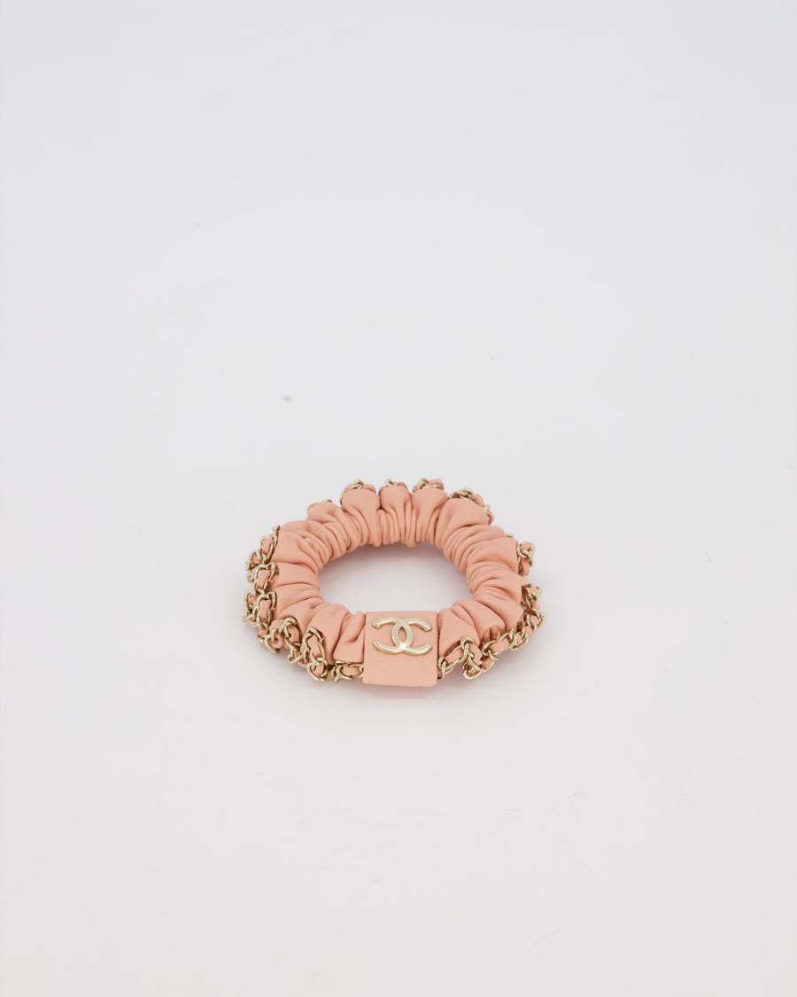 Chanel Pink Leather Hair Scrunchie with Chain Trim Detail