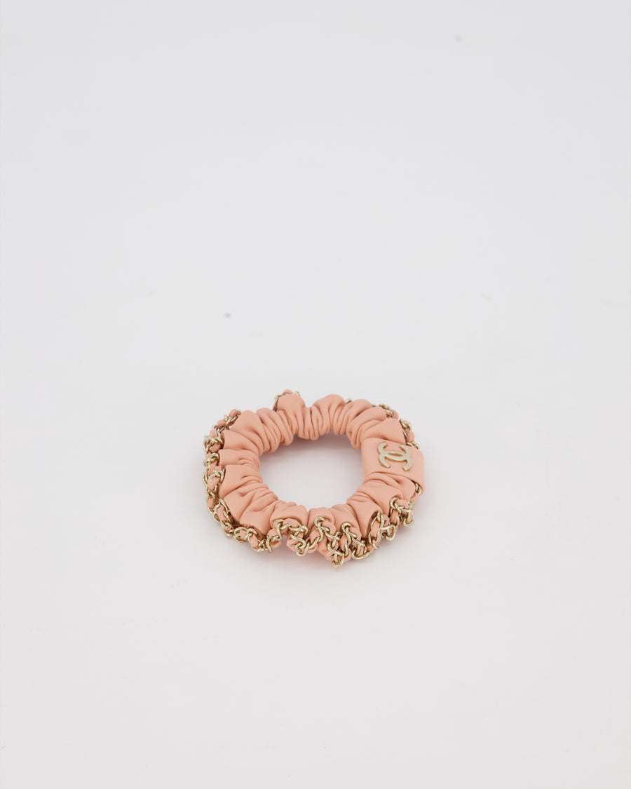 Chanel Pink Leather Hair Scrunchie with Chain Trim Detail