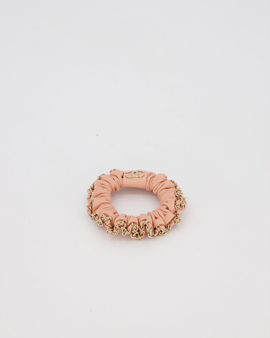 Chanel Pink Leather Hair Scrunchie with Chain Trim Detail