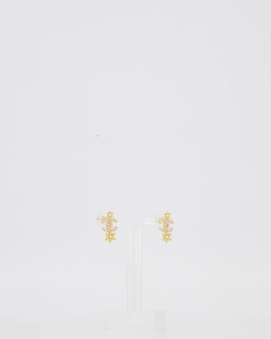 Chanel Gold CC Logo Stud Earrings with Flower and Crystal Details