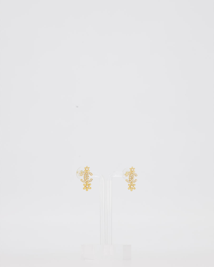 Chanel Gold CC Logo Stud Earrings with Flower and Crystal Details
