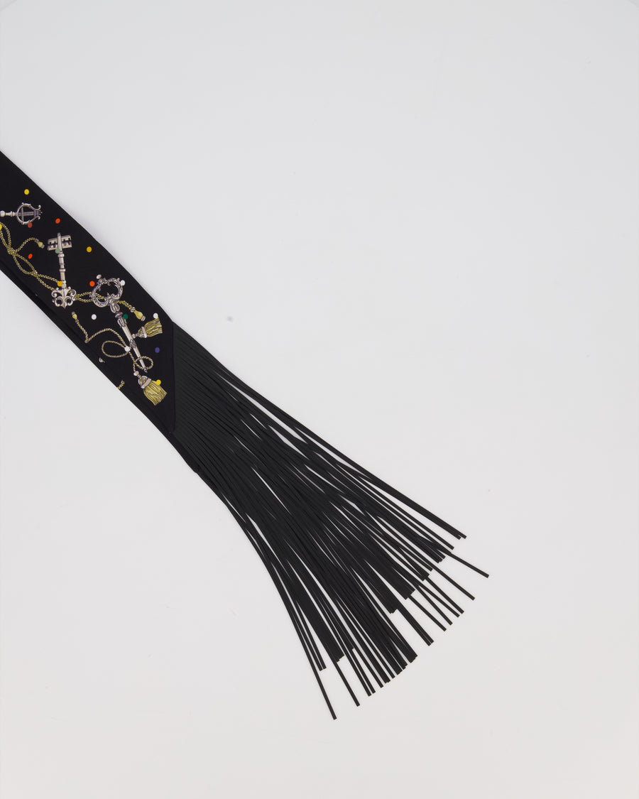 Hermès Noir Les Cles a Pois Leather Fringes Twilly