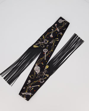 Hermès Noir Les Cles a Pois Leather Fringes Twilly