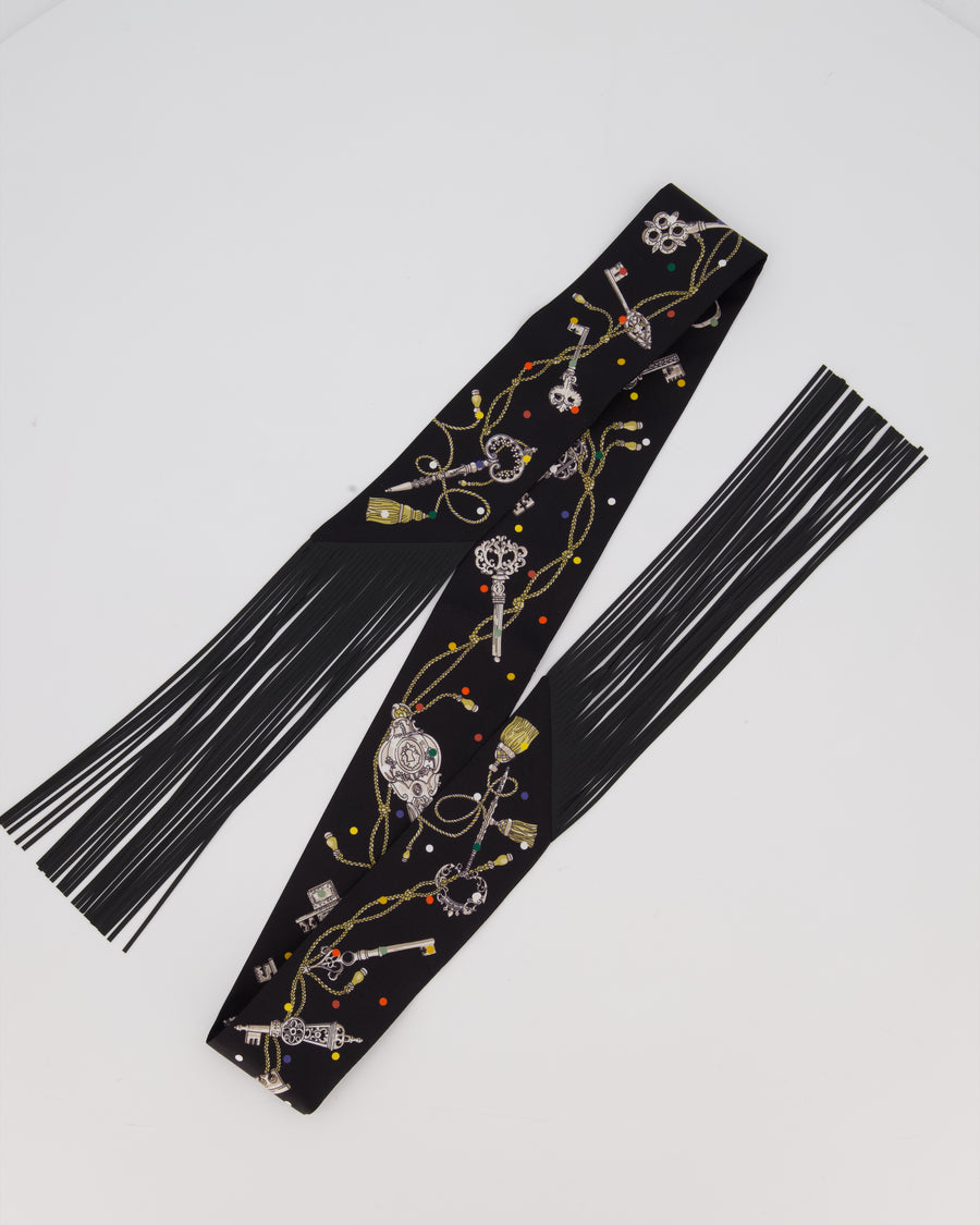 Hermès Noir Les Cles a Pois Leather Fringes Twilly