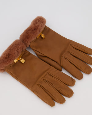 Hermès Kelly Brown Leather Gloves with Gold Hardware and Fur Trim