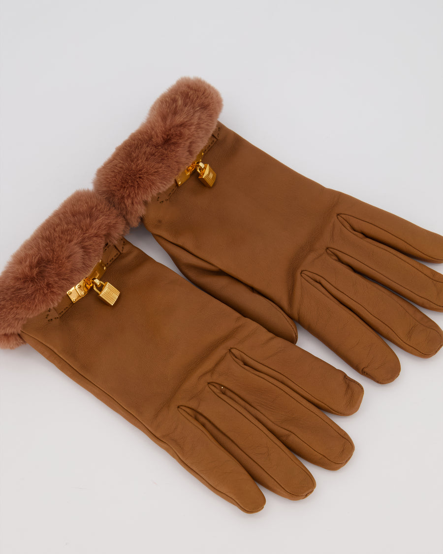 Hermès Kelly Brown Leather Gloves with Gold Hardware and Fur Trim