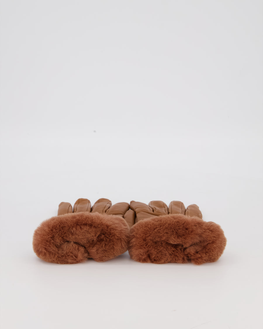 Hermès Kelly Brown Leather Gloves with Gold Hardware and Fur Trim