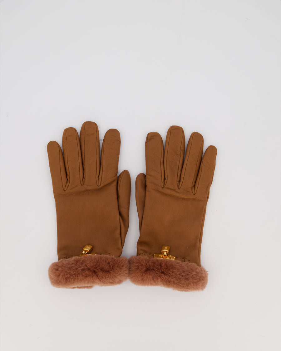 Hermès Kelly Brown Leather Gloves with Gold Hardware and Fur Trim