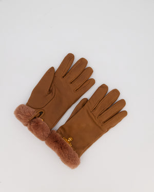 Hermès Kelly Brown Leather Gloves with Gold Hardware and Fur Trim