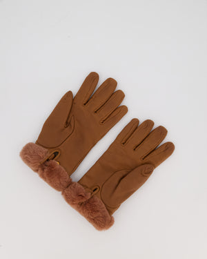 Hermès Kelly Brown Leather Gloves with Gold Hardware and Fur Trim