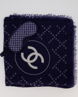 Chanel Navy and White Eye Mask, Shawl and Pouch Silk Travel Sleep Set