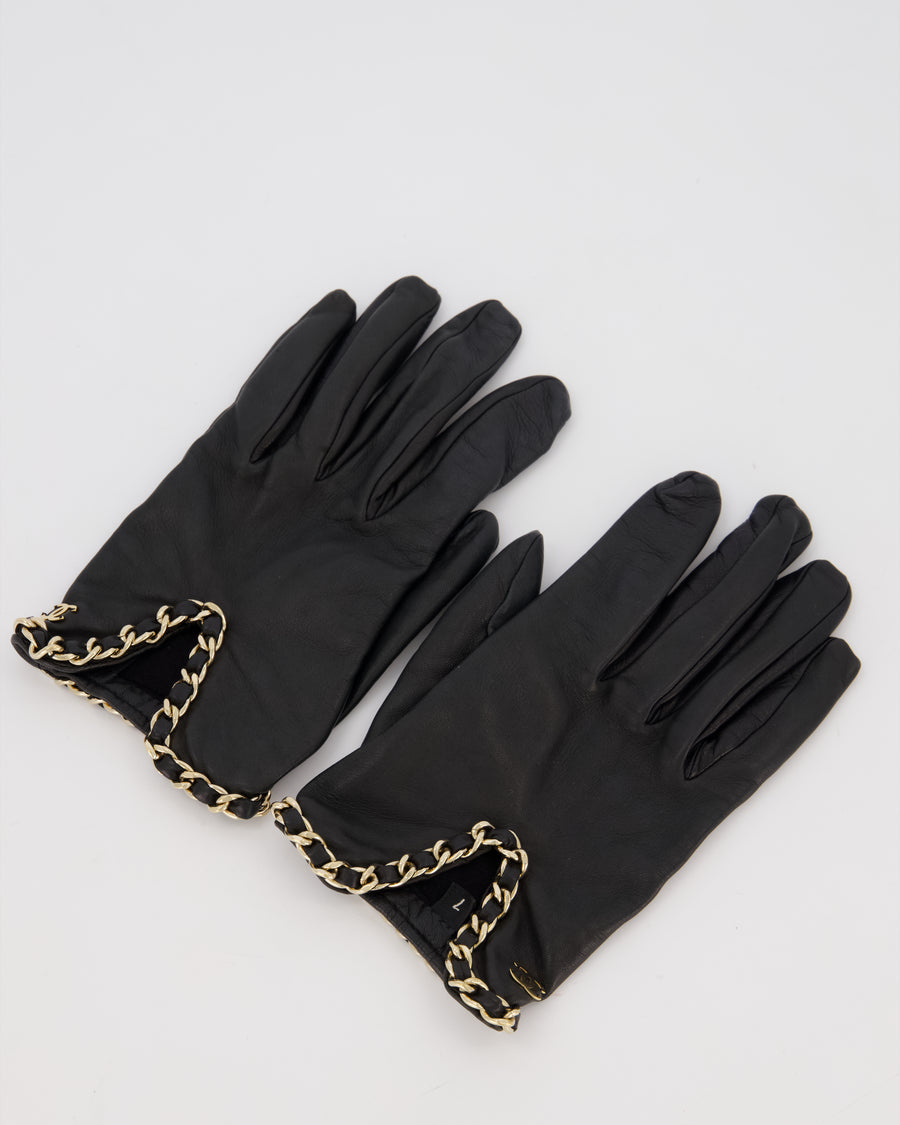 Chanel Black Leather Gloves with Gold Chain Trim and Gold CC Logo Detail