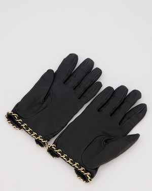 Chanel Black Leather Gloves with Gold Chain Trim and Gold CC Logo Detail