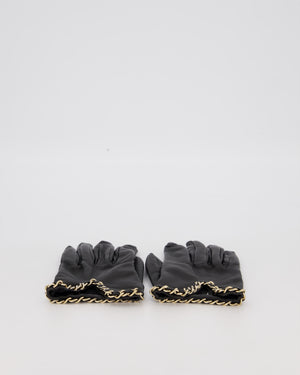 Chanel Black Leather Gloves with Gold Chain Trim and Gold CC Logo Detail