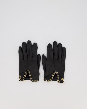 Chanel Black Leather Gloves with Gold Chain Trim and Gold CC Logo Detail