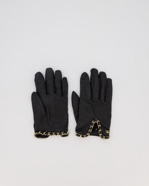 Chanel Black Leather Gloves with Gold Chain Trim and Gold CC Logo Detail