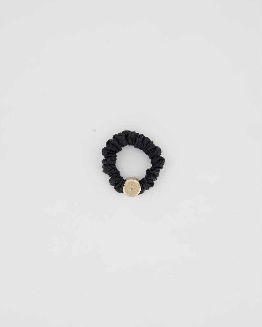 Chanel Black Leather Hair Scrunchie with Gold CC Logo Charm