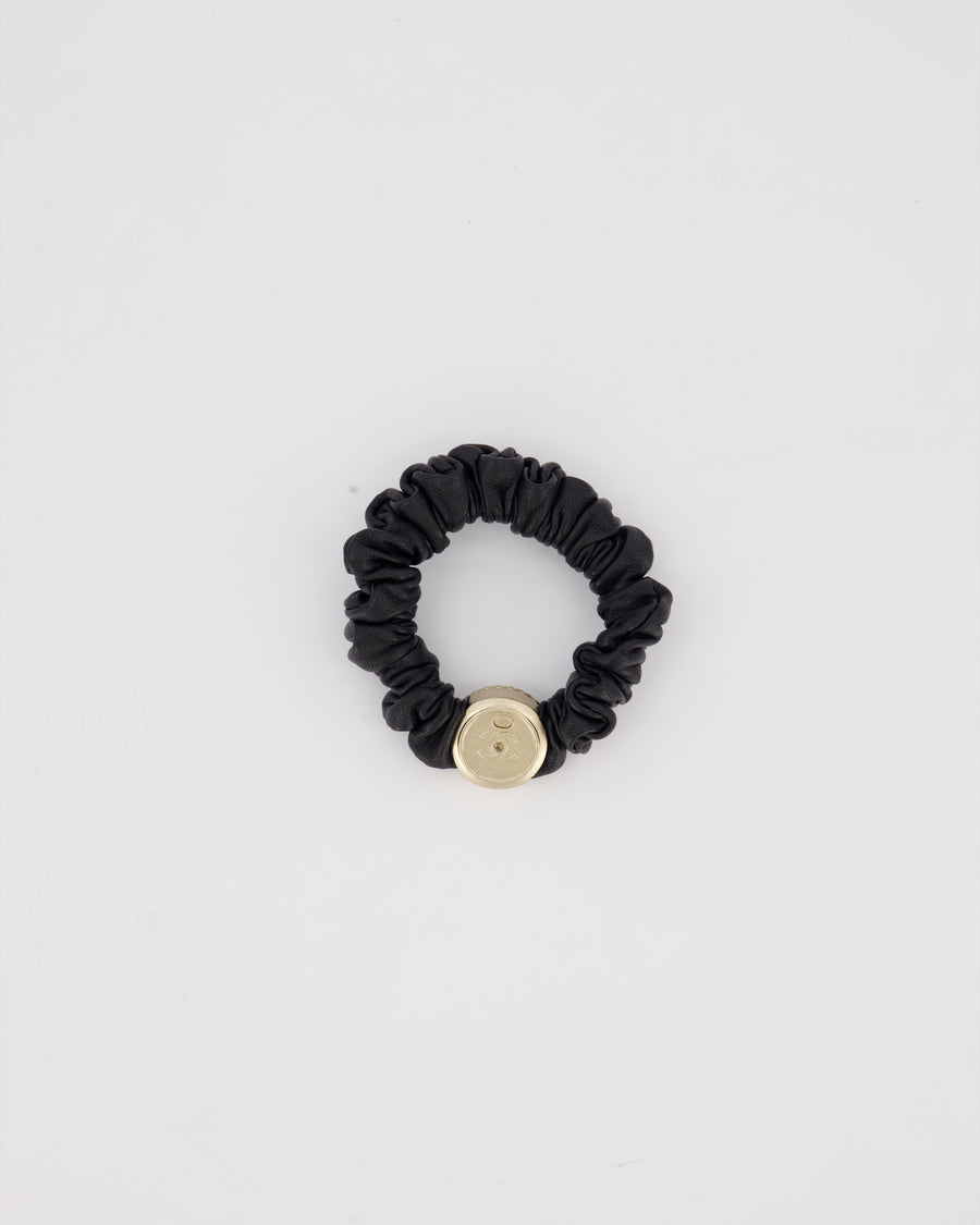 Chanel Black Leather Hair Scrunchie with Gold CC Logo Charm