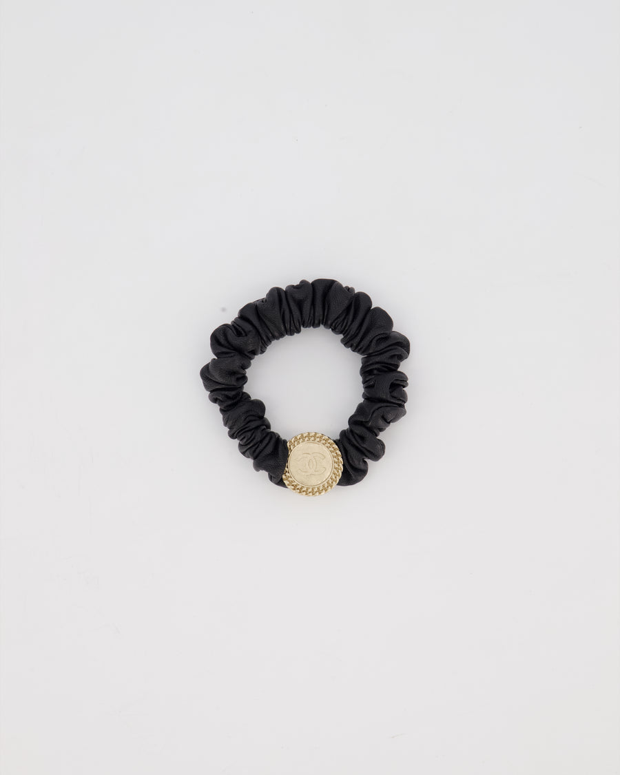 Chanel Black Leather Hair Scrunchie with Gold CC Logo Charm