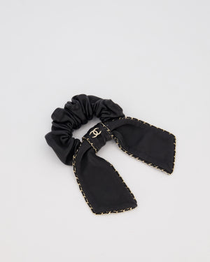 Chanel Black Bow Leather Hair Scrunchie with Chain Trim Detail