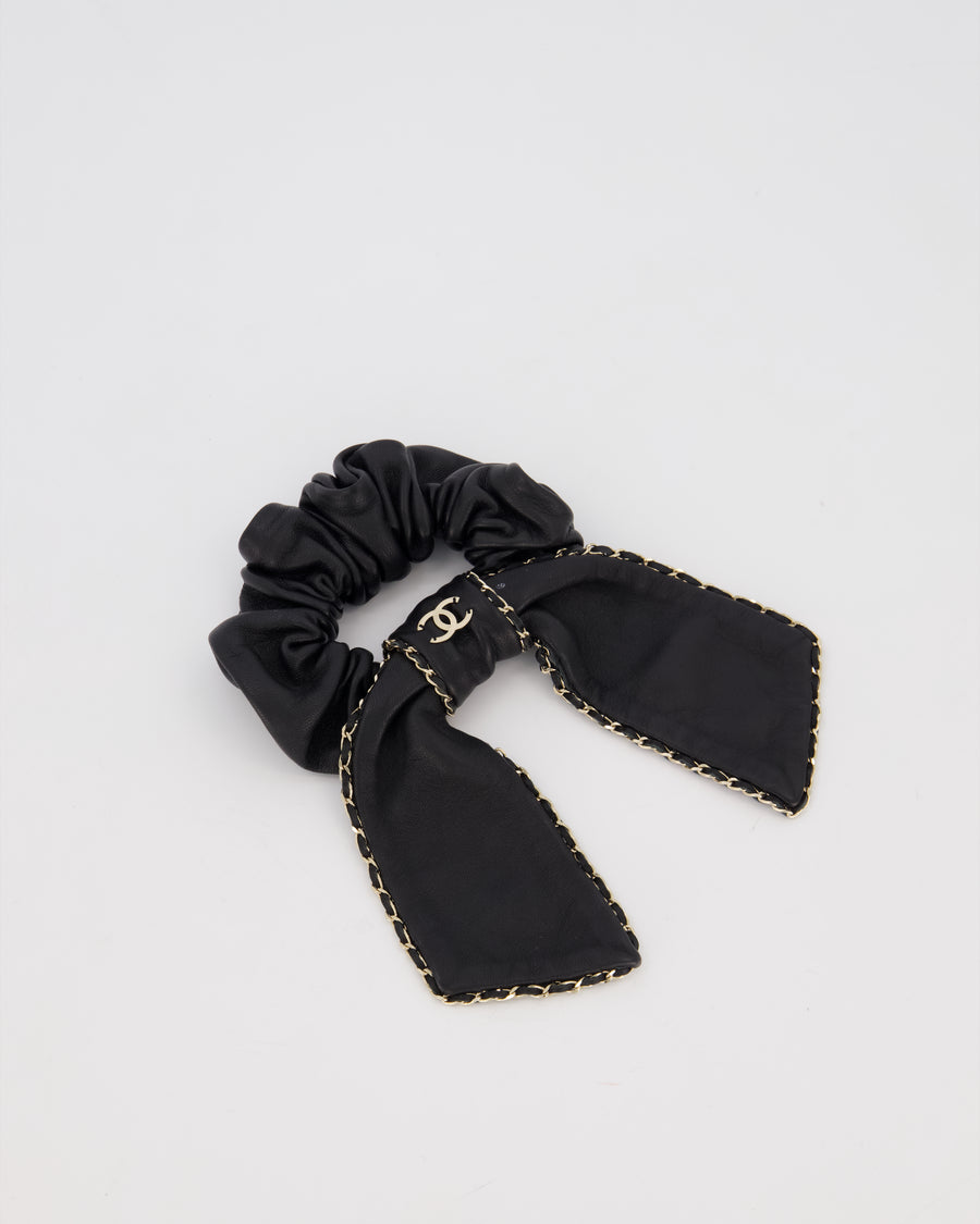 Chanel Black Bow Leather Hair Scrunchie with Chain Trim Detail