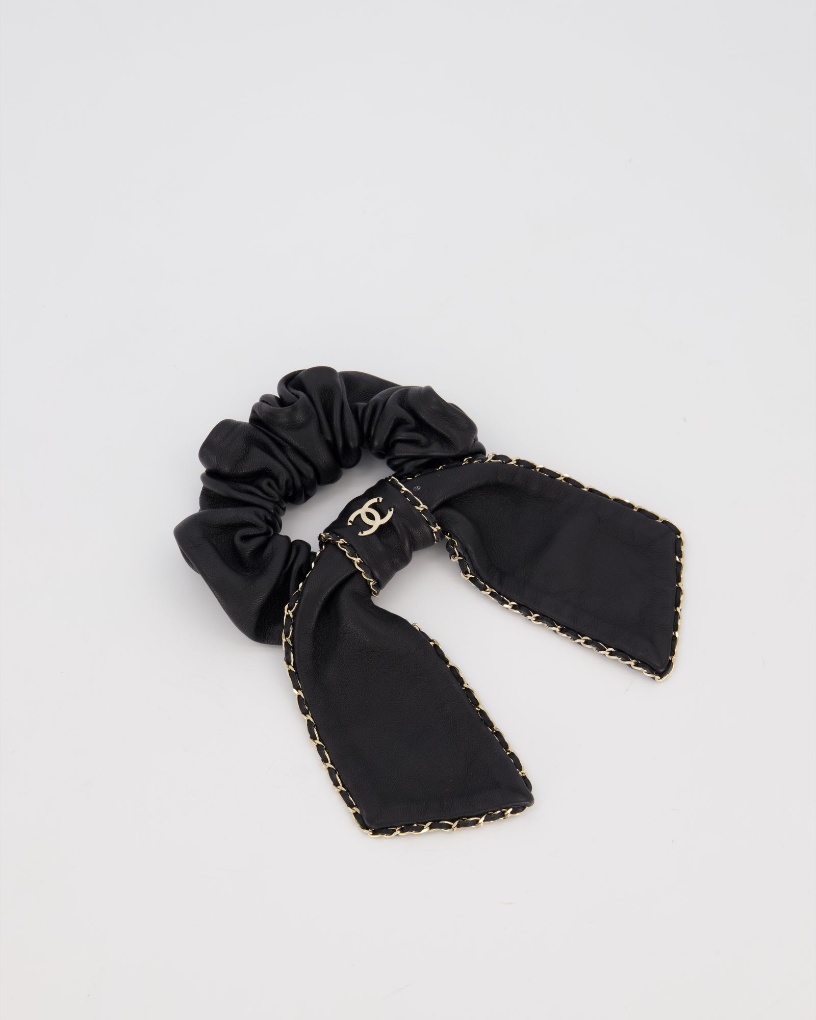 Chanel Black Bow Leather Hair Scrunchie with Chain Trim 
