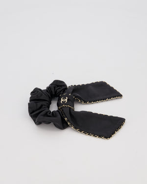 Chanel Black Bow Leather Hair Scrunchie with Chain Trim Detail