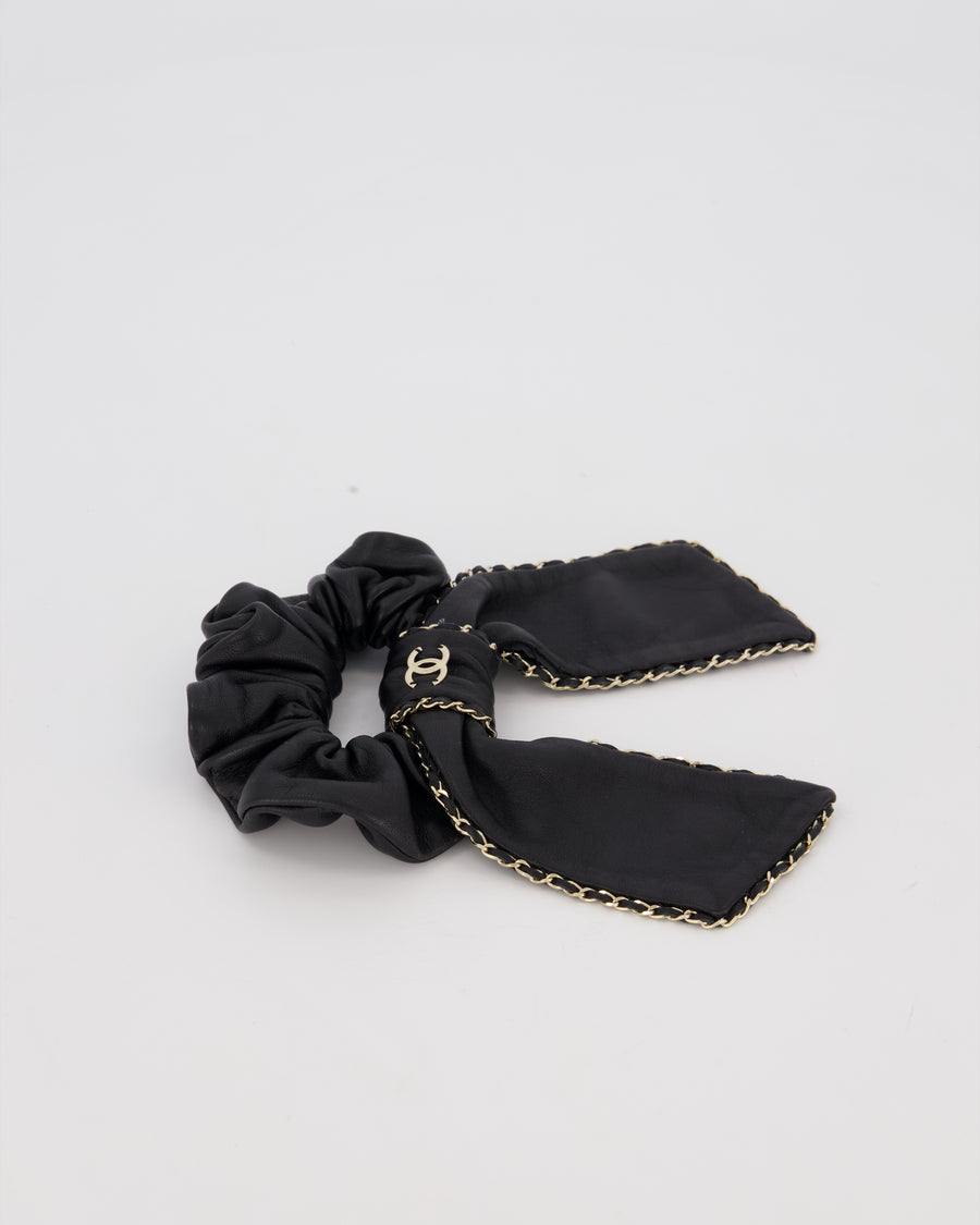 Chanel Black Bow Leather Hair Scrunchie with Chain Trim Detail