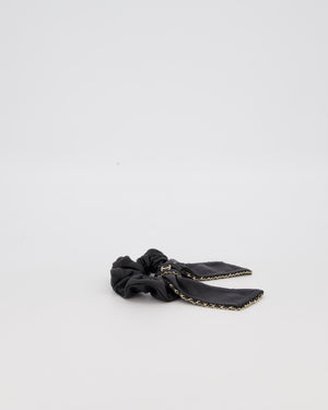 Chanel Black Bow Leather Hair Scrunchie with Chain Trim Detail