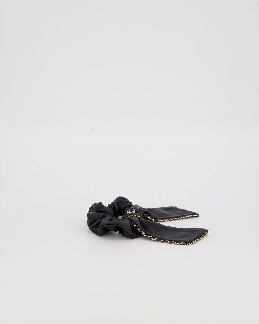 Chanel Black Bow Leather Hair Scrunchie with Chain Trim Detail